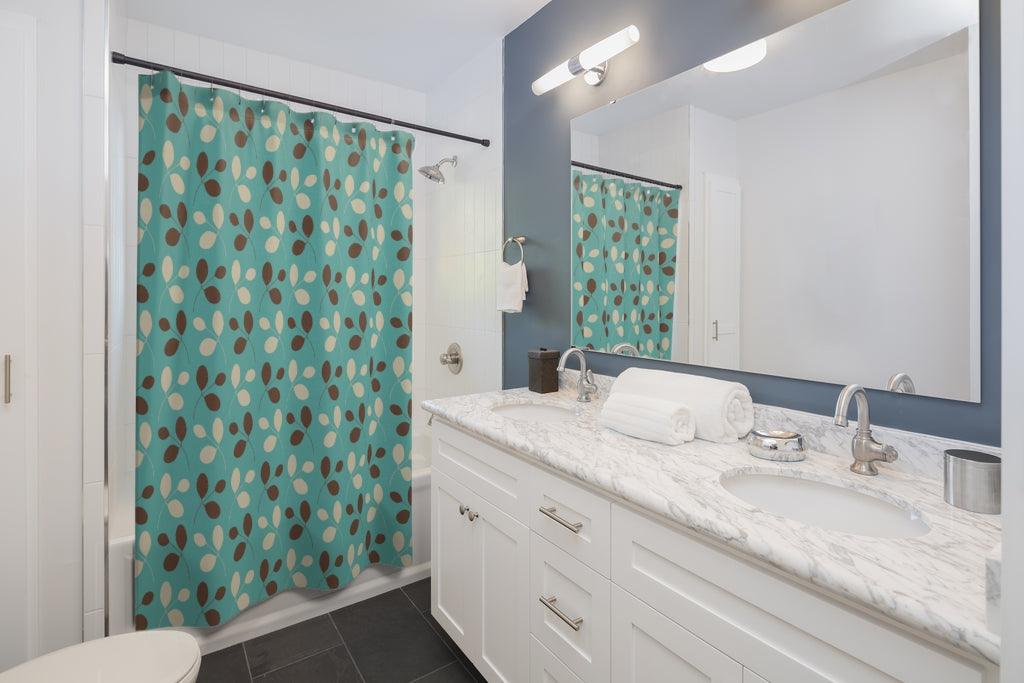 Retro 1950's Mid Century Leaves on Blue Shower Curtain | lovevisionkarma.com