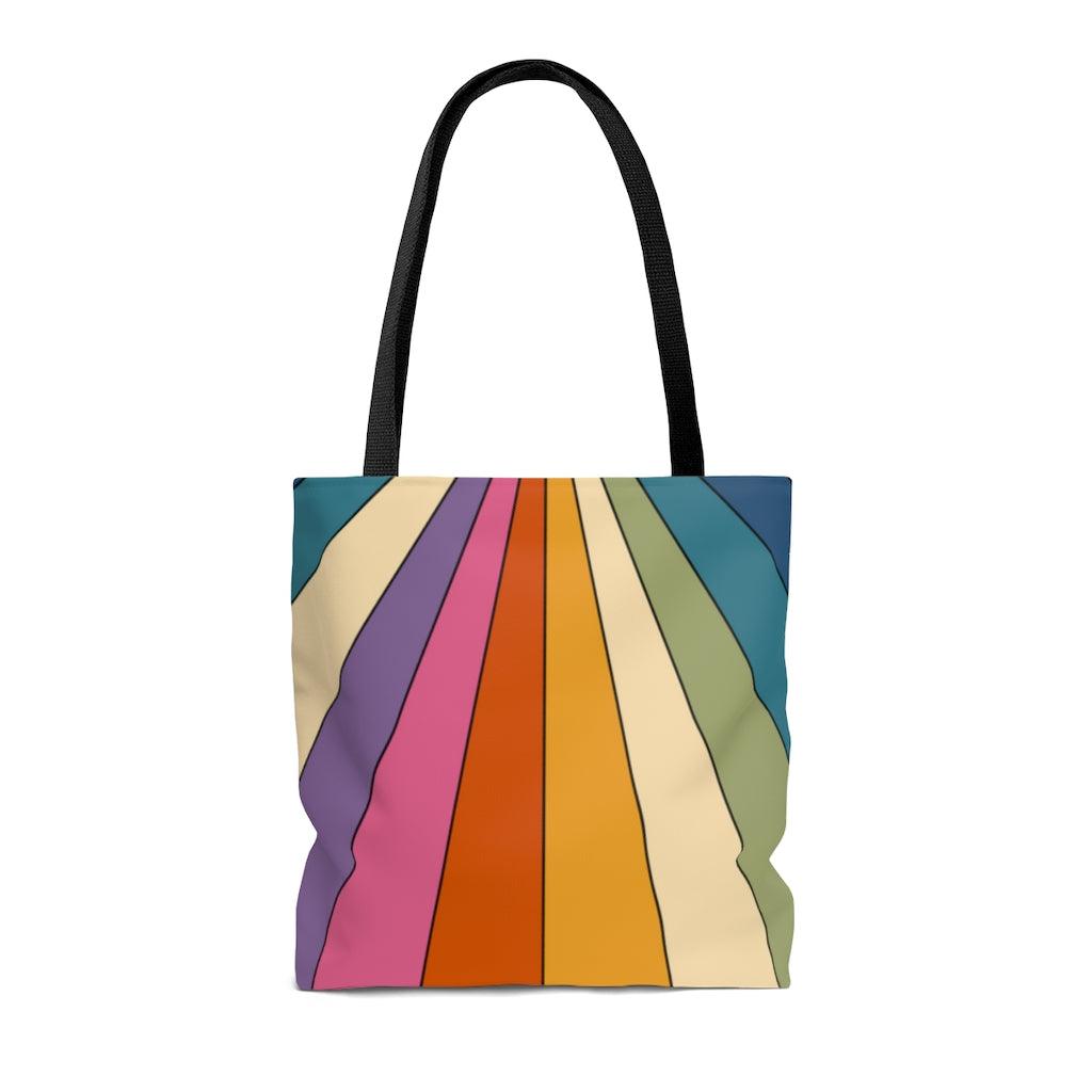 Retro Rainbow Burst Hippie MCM Tote Bag | lovevisionkarma.com