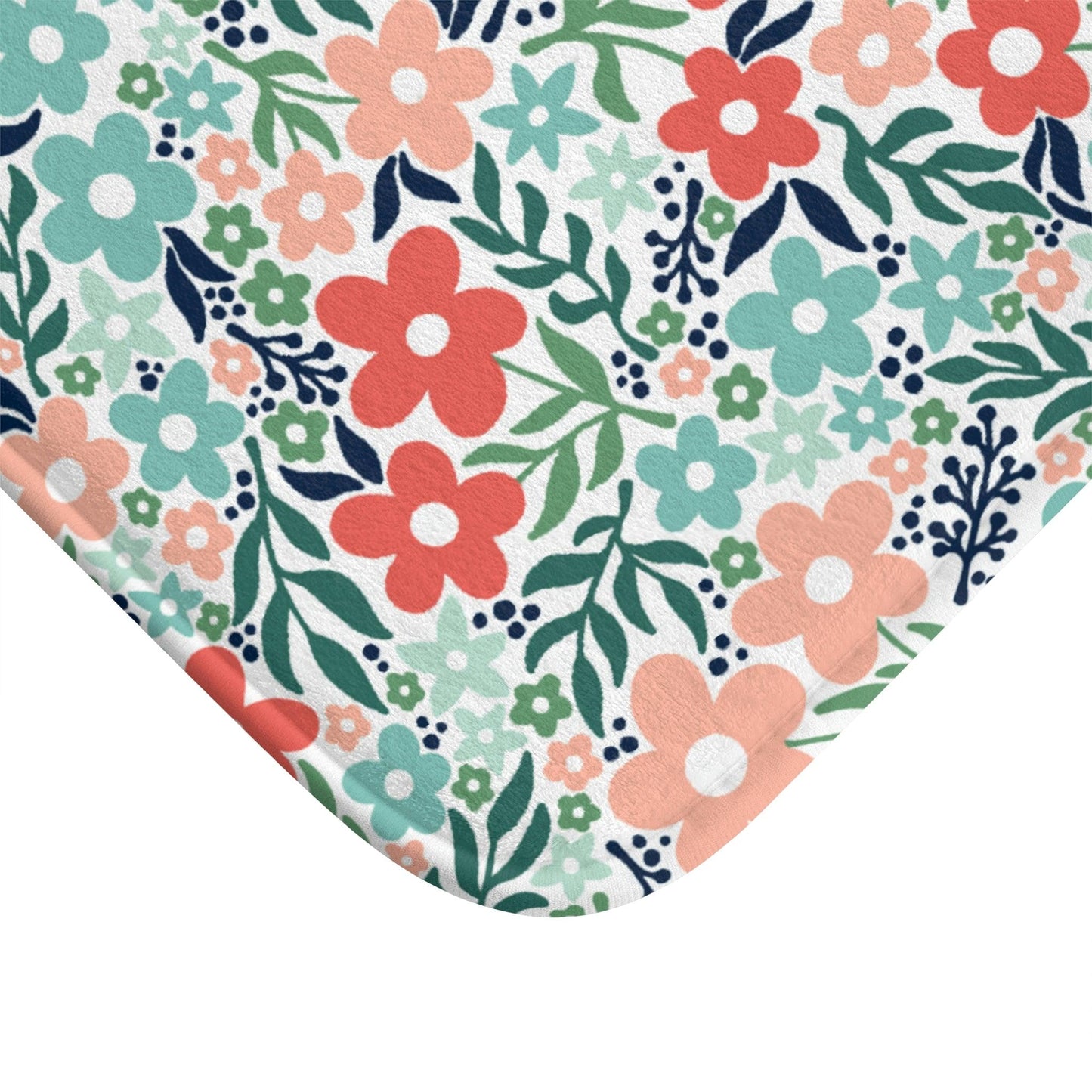 Retro Vintage Inspired Floral Minimalist Cottagecore Coral & Teal Bath Mat | lovevisionkarma.com