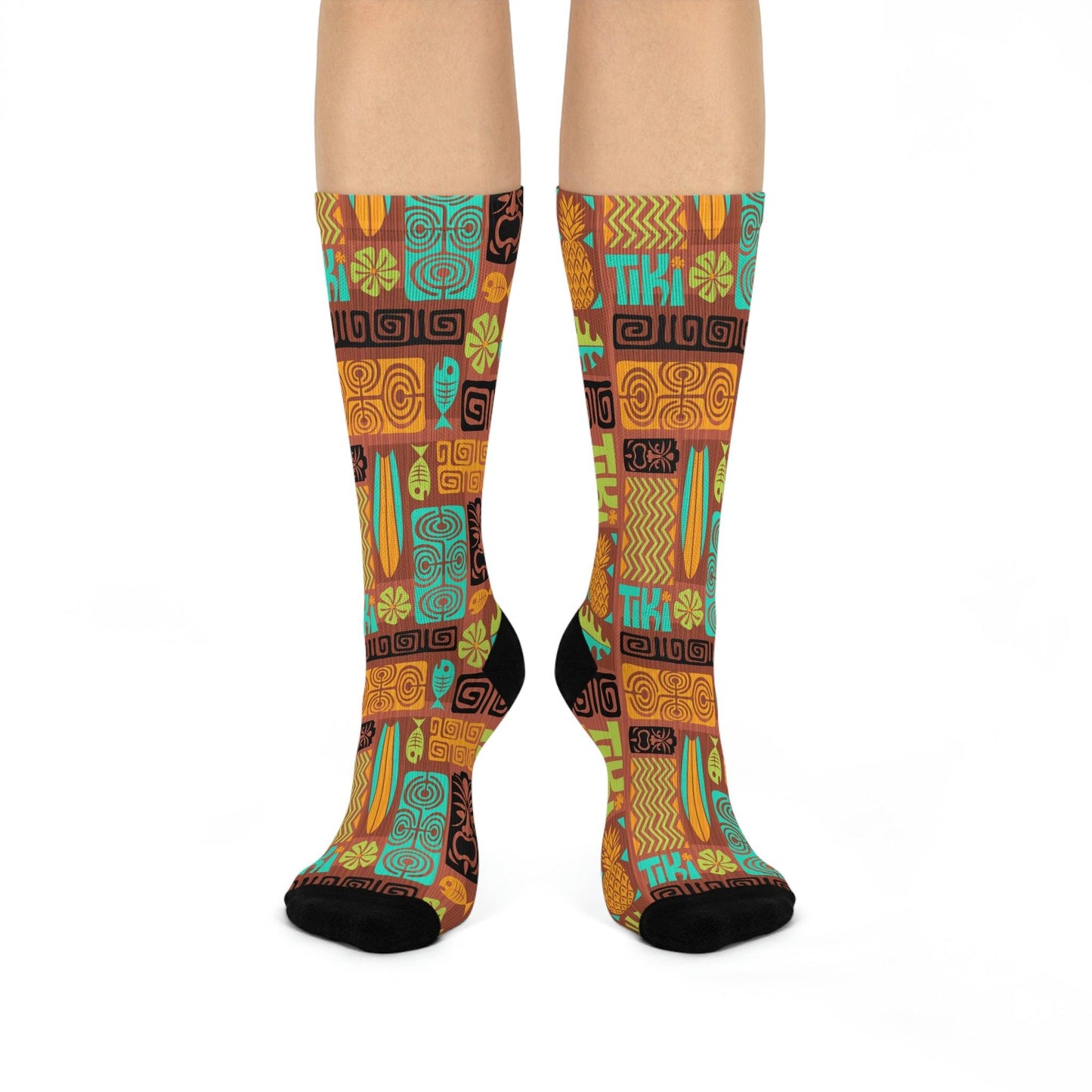 Tiki 60's Retro Mid Century Brown, Orange & Blue Cushioned Crew Unisex Socks | lovevisionkarma.com