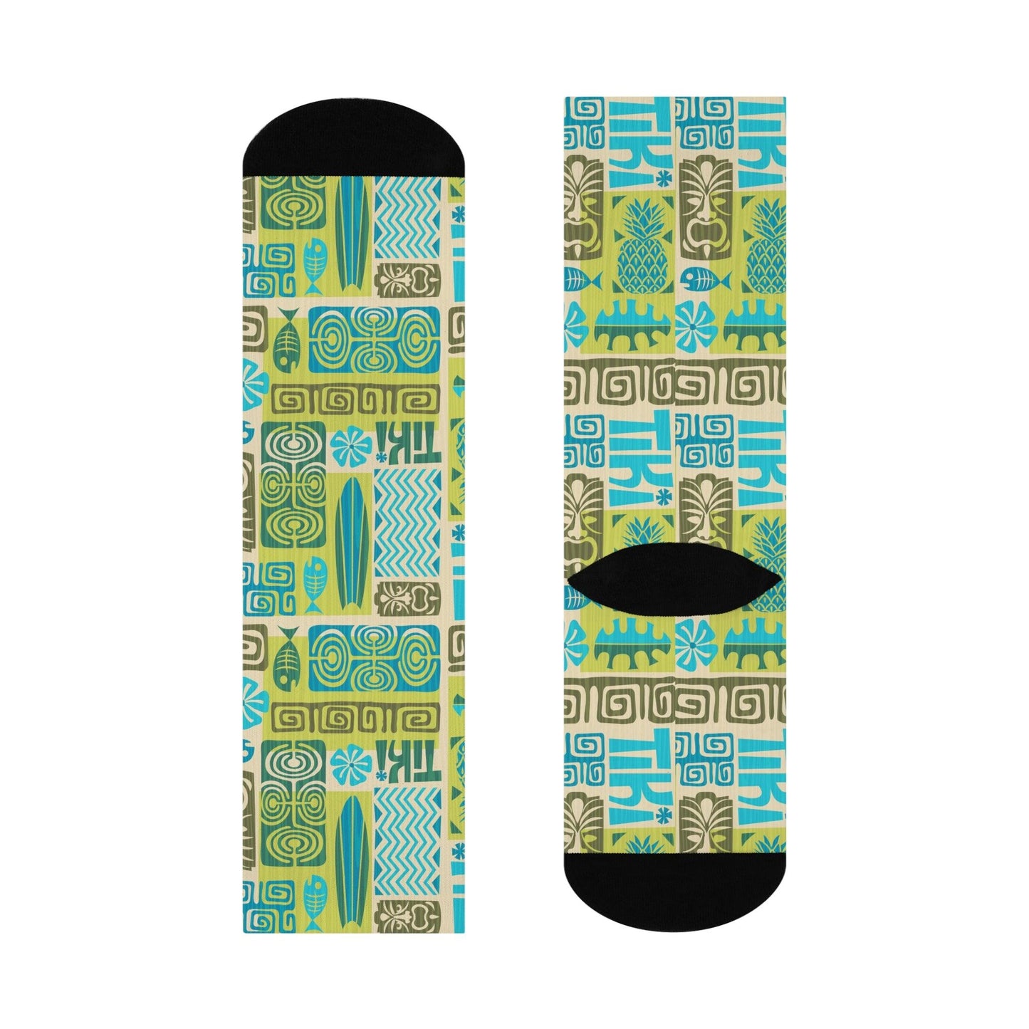 Retro 60s Tiki Mid Century Blue & Green Cushioned Crew Unisex Socks | lovevisionkarma.com