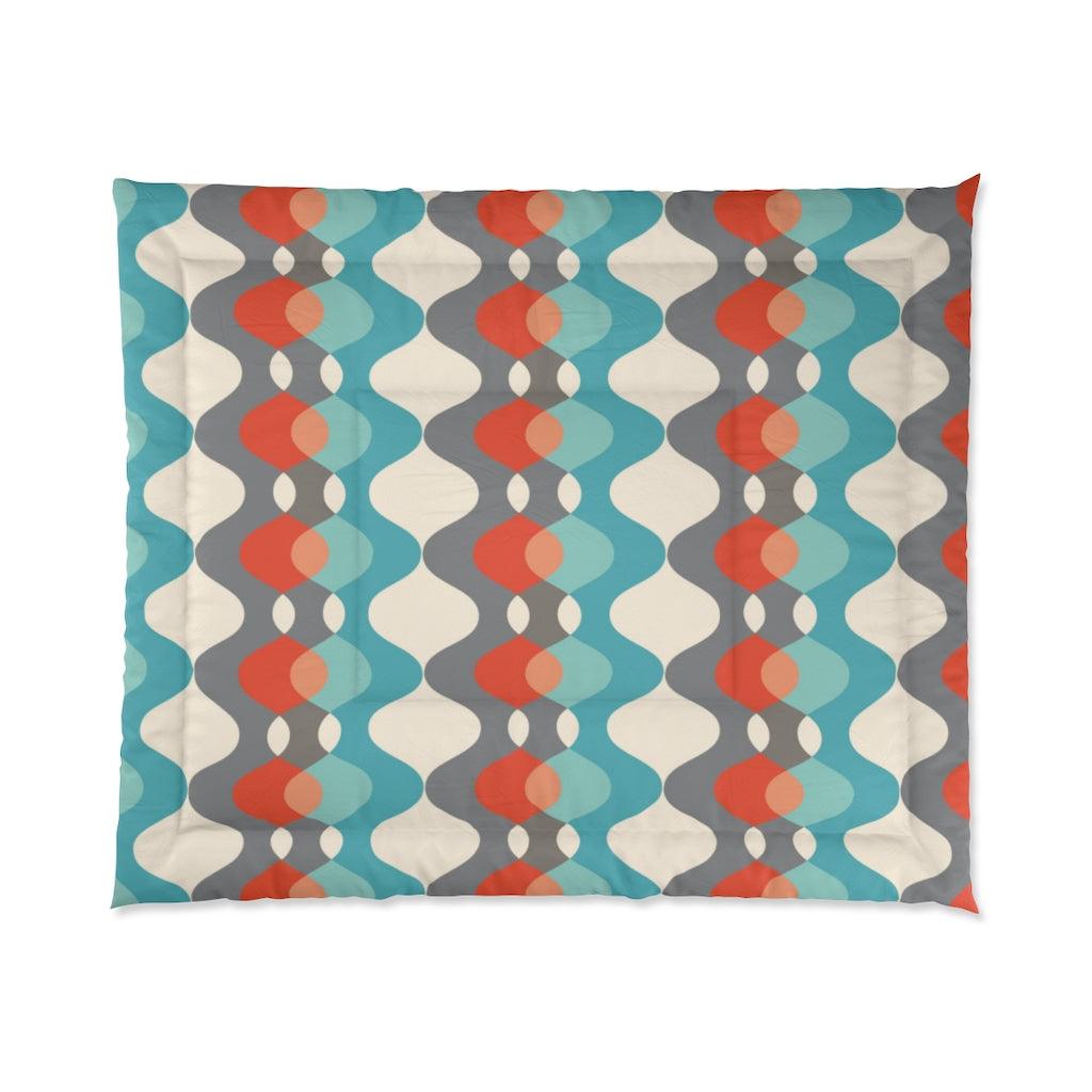 Mid Century Mod Wavy Lines Retro Orange, Blue, Off-White and Grey Comforter | lovevisionkarma.com