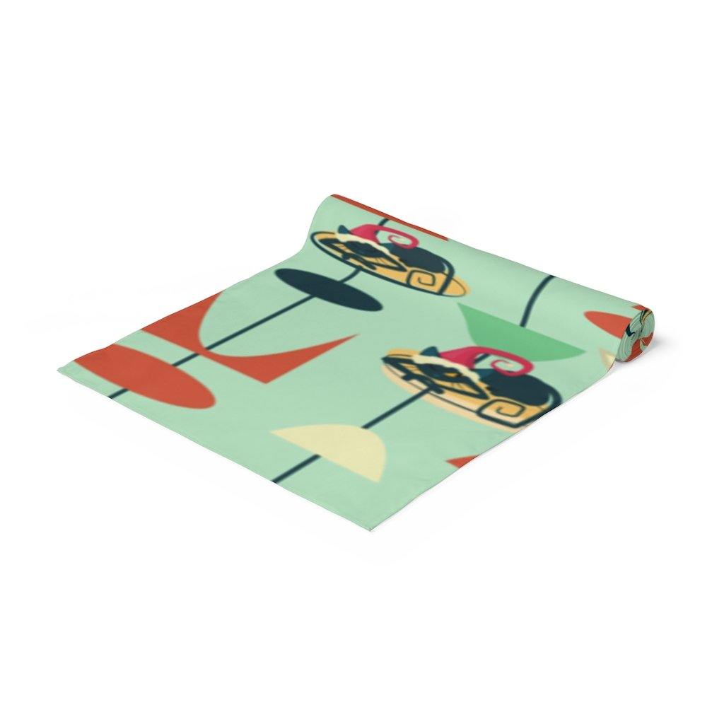 Christmas Atomic Cat Table Runner Green Retro Table Linens | lovevisionkarma.com