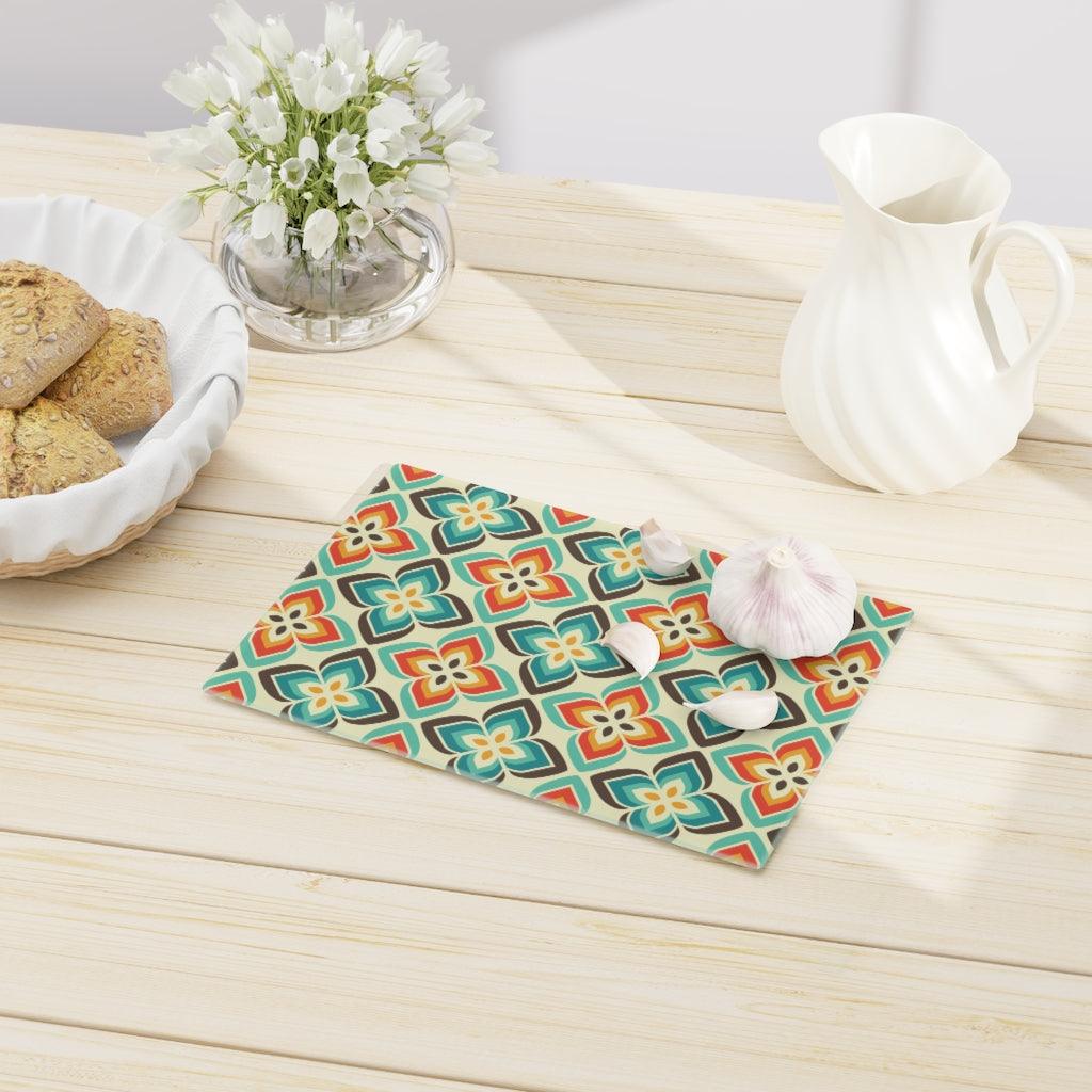 Retro Mid Century Mod Multicolor Floral Glass Cutting Board | lovevisionkarma.com