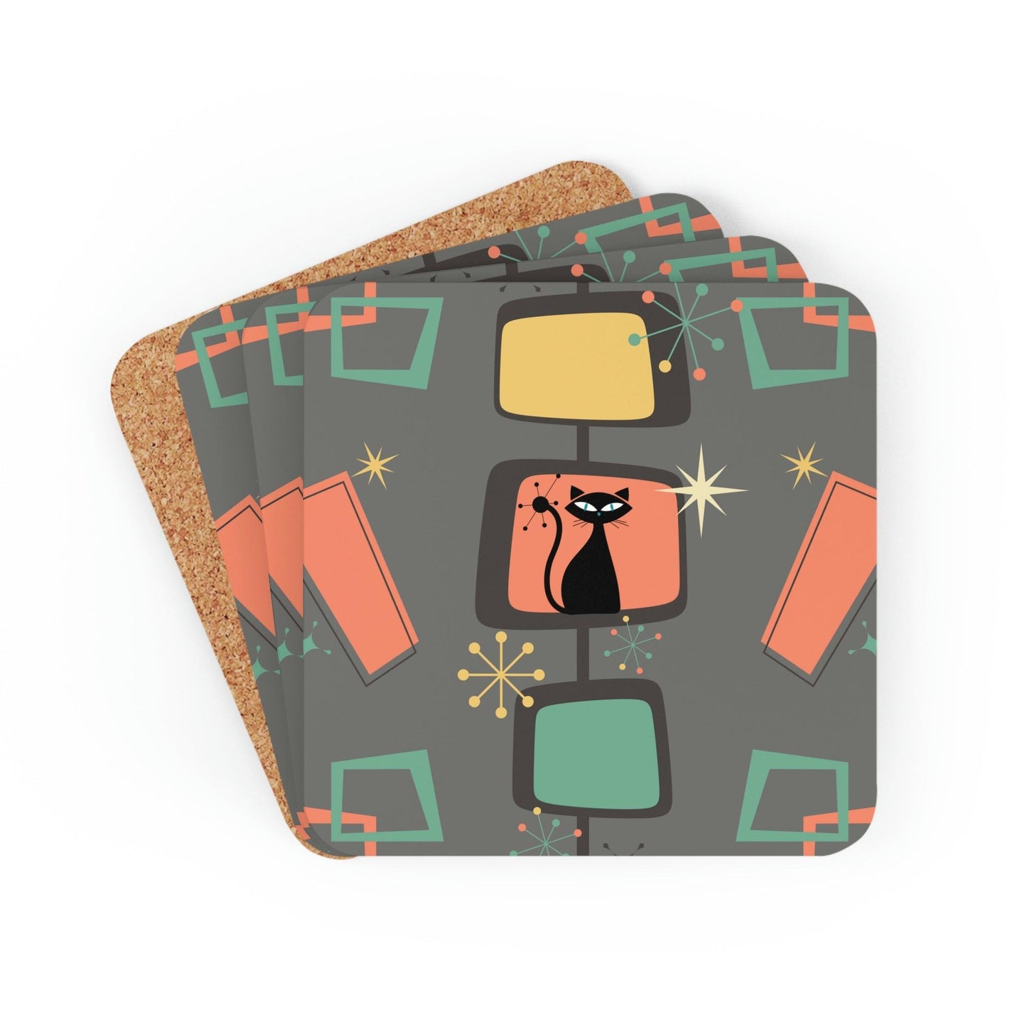 Retro Atomic Cat Mid Century Burst Gray, Coral & Green Coaster Set | lovevisionkarma.com