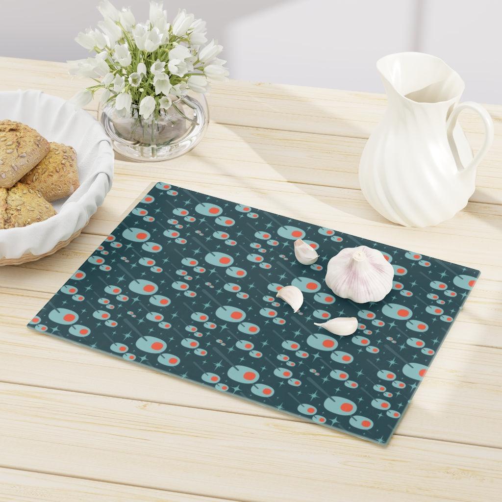 Atomic Olives Mid Century Modern Blue Glass Cutting Board | lovevisionkarma.com