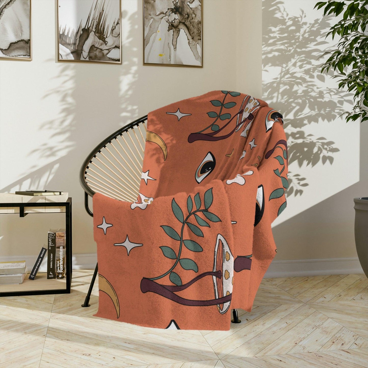 Boho Mushroom, Eye, Sun, Moon & Stars MCM Coral Orange Velveteen Minky Blanket | lovevisionkarma.com