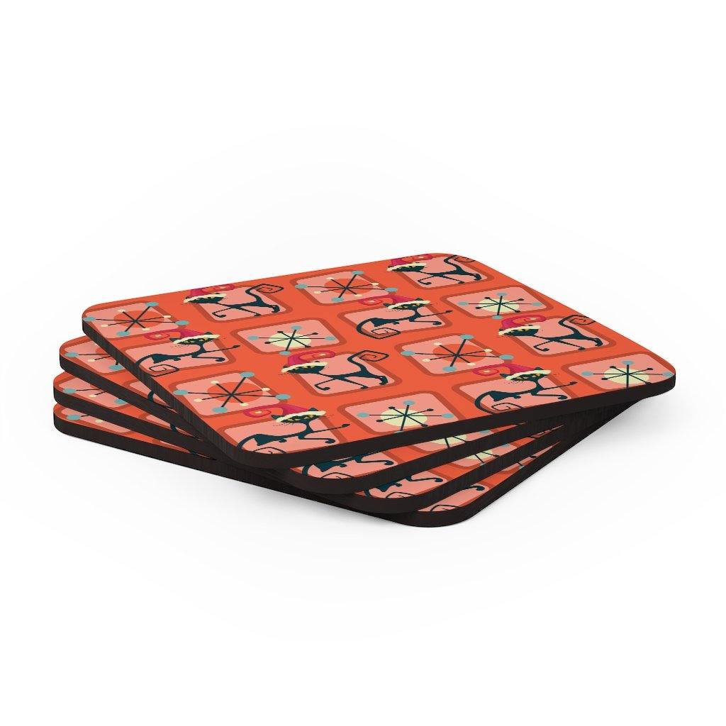 Retro Christmas MCM Atomic Cat Red Coaster Set | lovevisionkarma.com