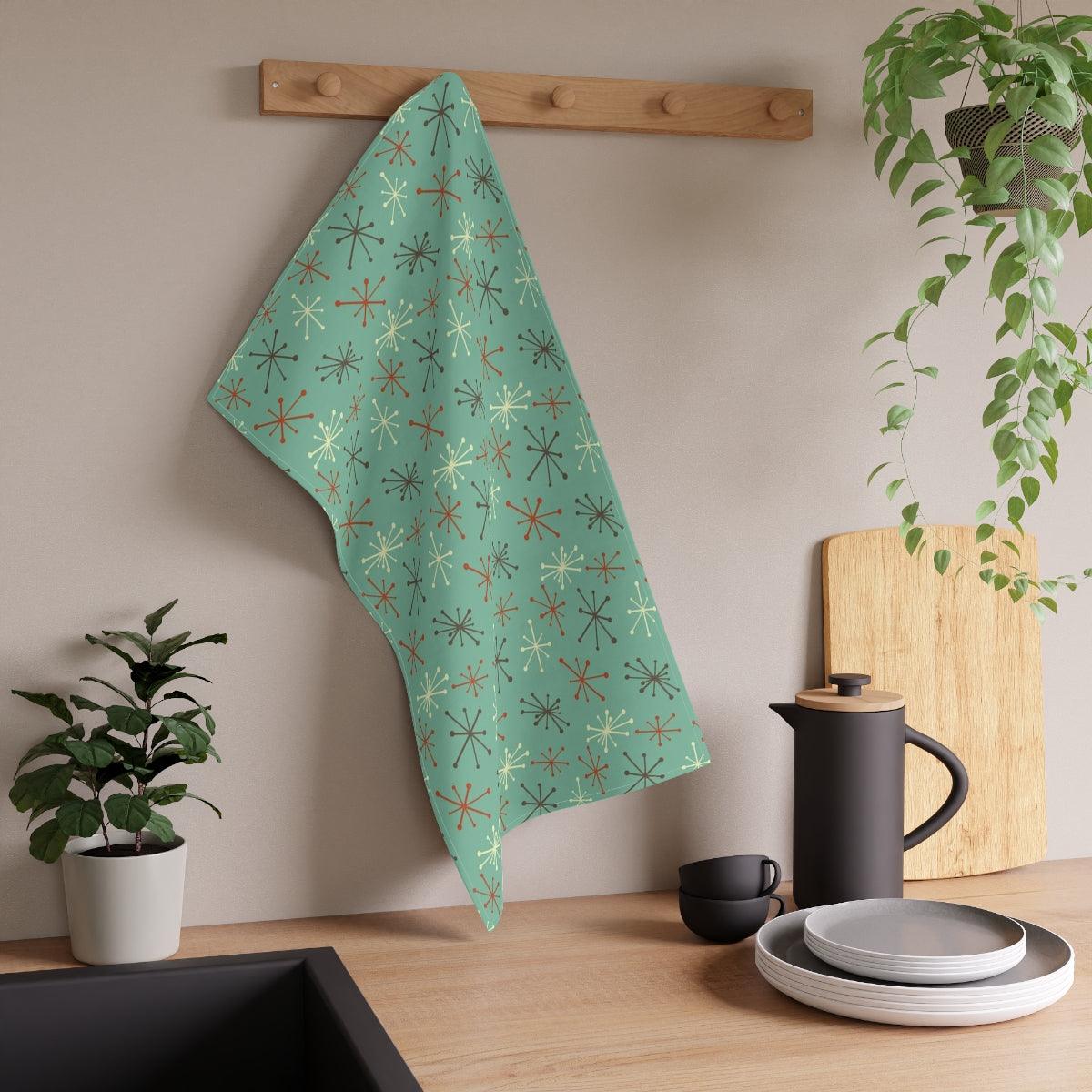 Retro 50s Atomic Burst MCM Teal Tea Towel | lovevisionkarma.com