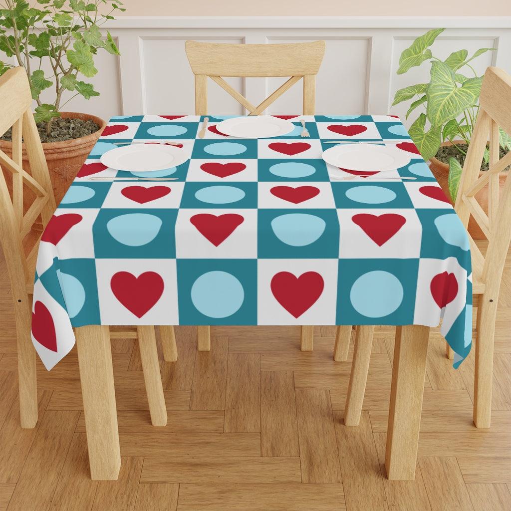 Retro Valentine Hearts & Circles Red, Blue & White Tablecloth | lovevisionkarma.com