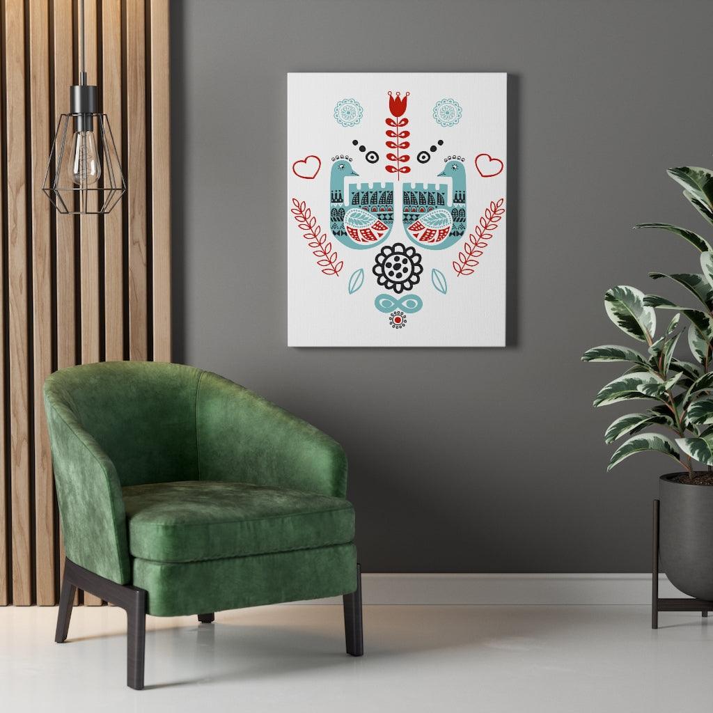 Scandinavian Nordic Folk Art Blue & Red Love Birds Canvas Gallery Wrap | lovevisionkarma.com