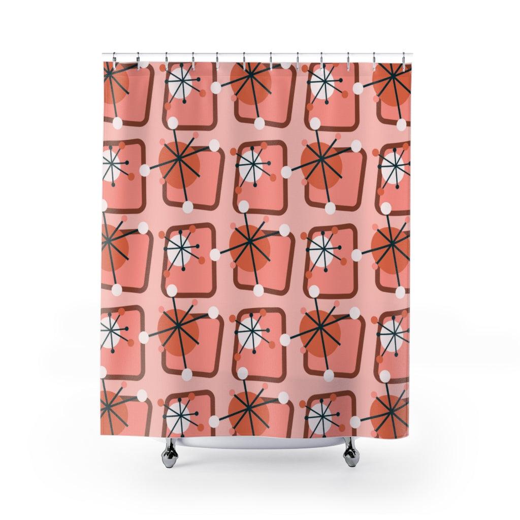 Mid Century 50's Atomic Burst Retro Pink Shower Curtain | lovevisionkarma.com