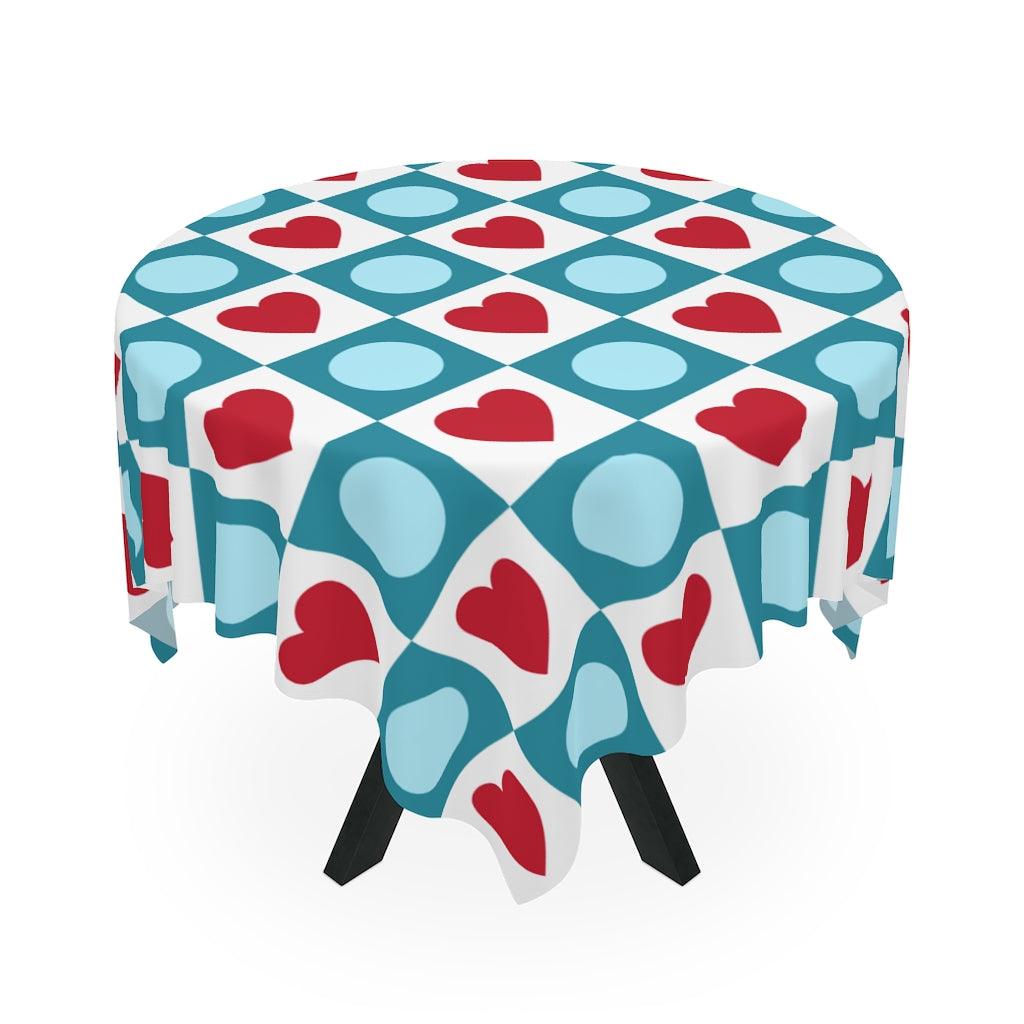 Retro Valentine Hearts & Circles Red, Blue & White Tablecloth | lovevisionkarma.com