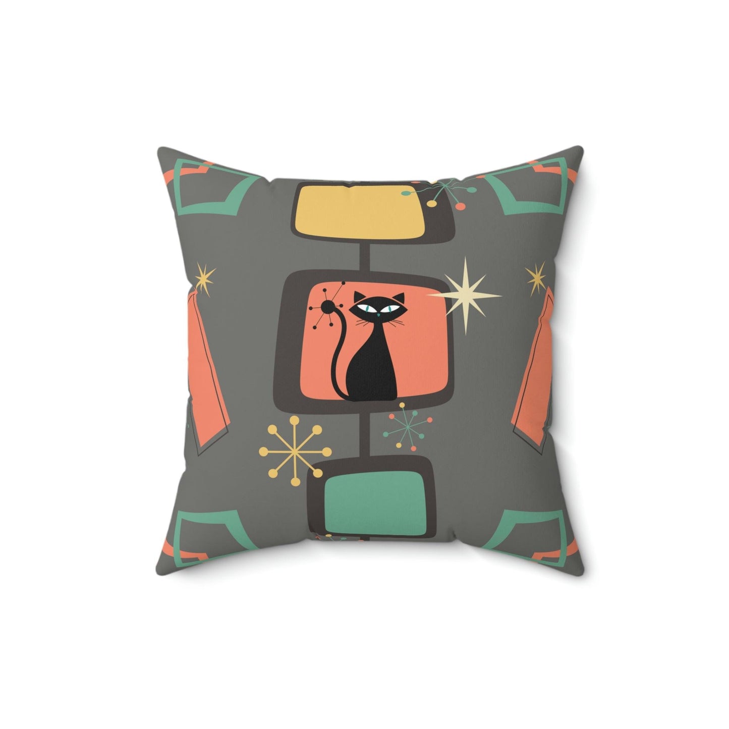 Retro Atomic Cat, Starburst Chic Mid Century Mod Coral & Gray Throw Pillow | lovevisionkarma.com