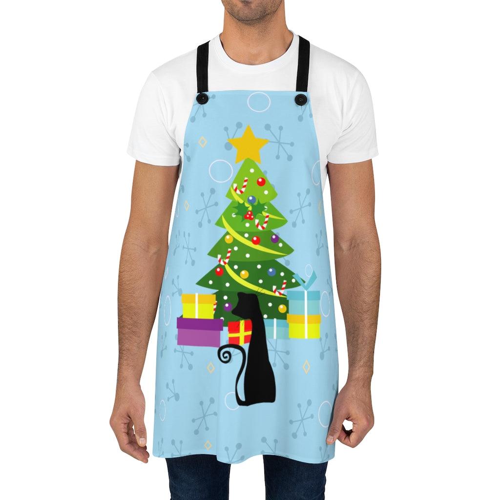 Retro Cat & Xmas Tree Multicolor Christmas Apron | lovevisionkarma.com