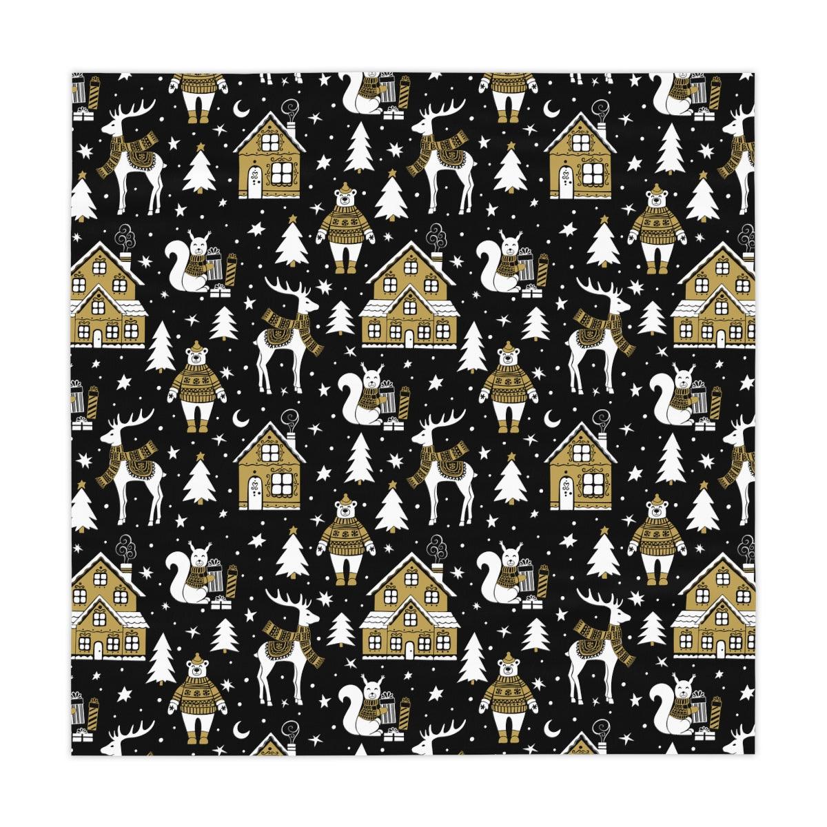 Scandinavian Inspired Nordic Winter Scene Black, Beige and White Christmas Tablecloth | lovevisionkarma.com