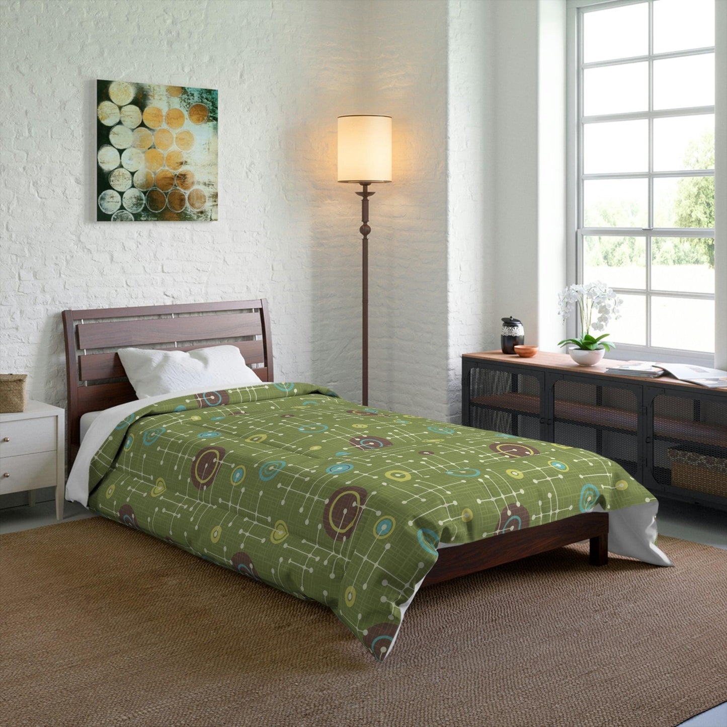 Retro 50s Eames Inspired MCM Lines Green Comforter | lovevisionkarma.com