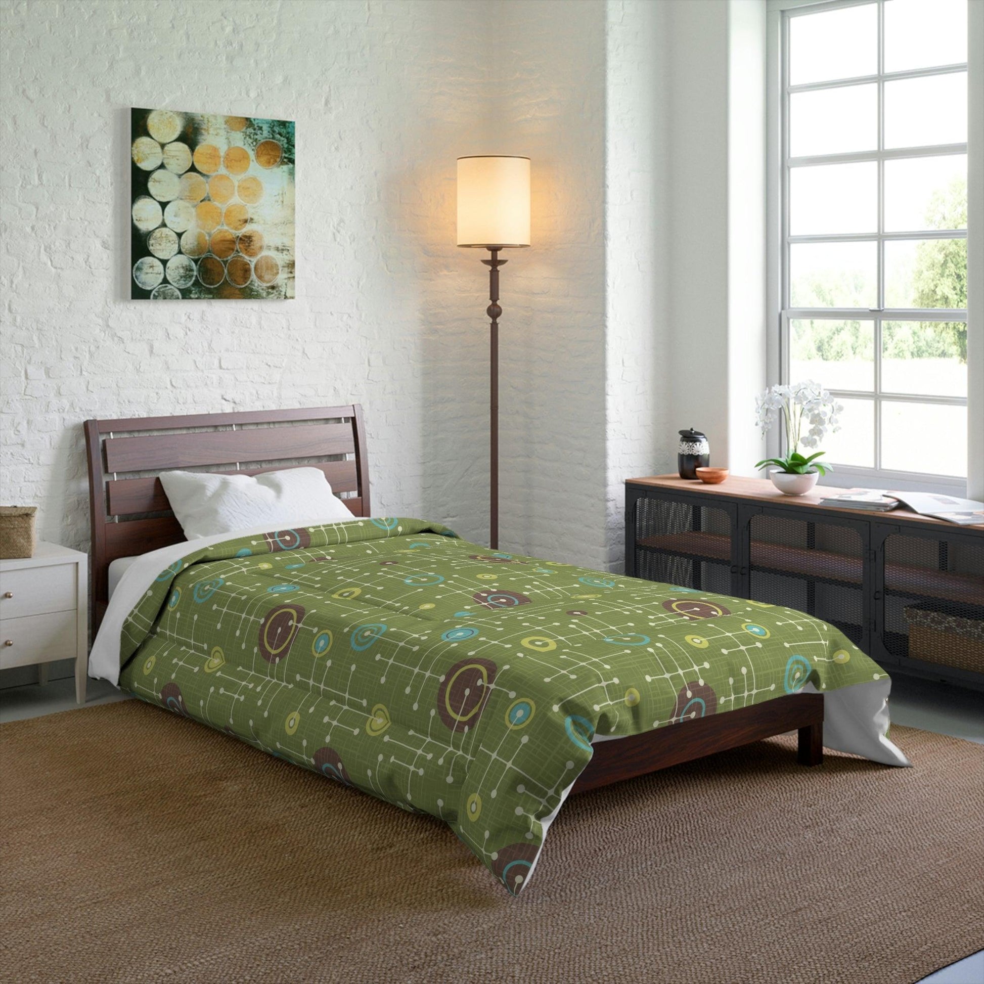 Retro 50s Eames Inspired MCM Lines Green Comforter | lovevisionkarma.com