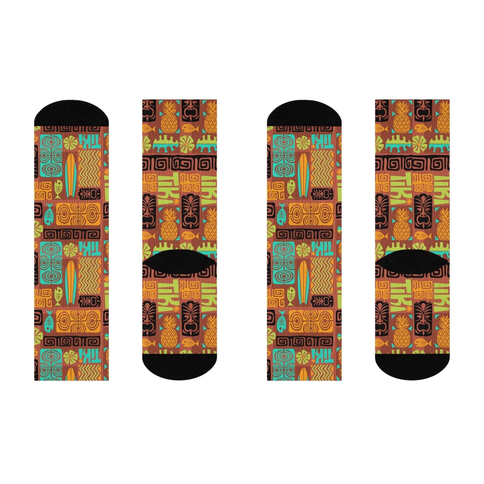 Tiki 60's Retro Mid Century Brown, Orange & Blue Cushioned Crew Unisex Socks | lovevisionkarma.com