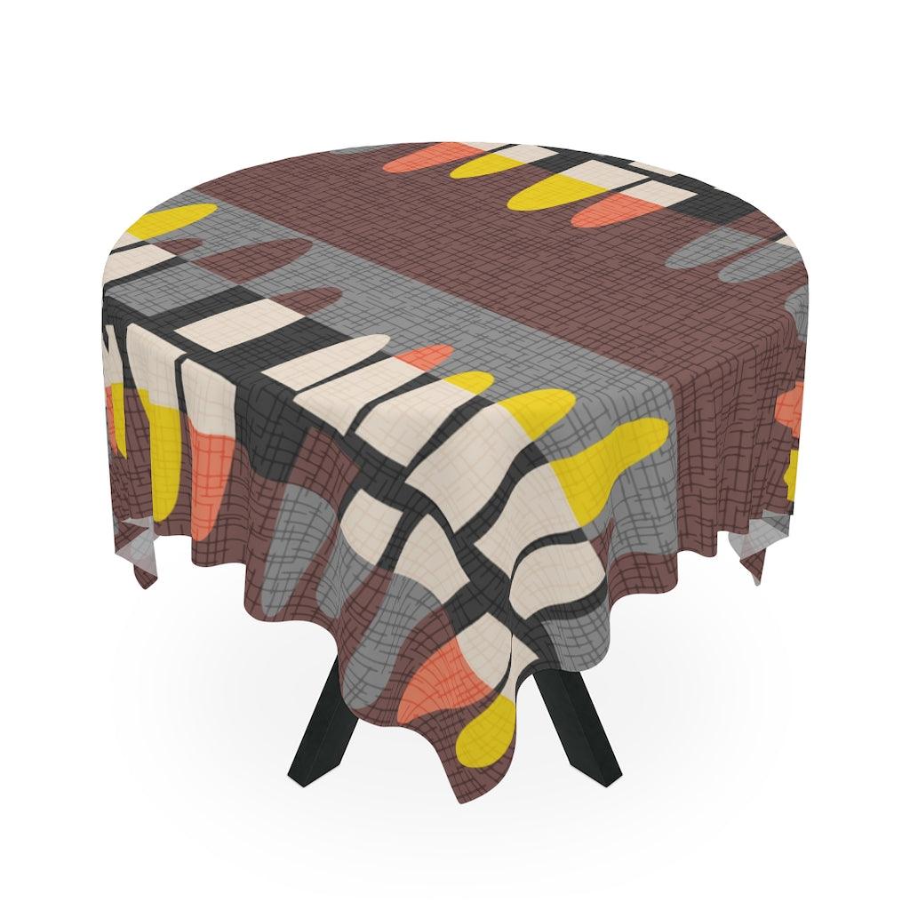 Retro MCM Abstract Brown, Gray, Yellow and Orange Tablecloth | lovevisionkarma.com