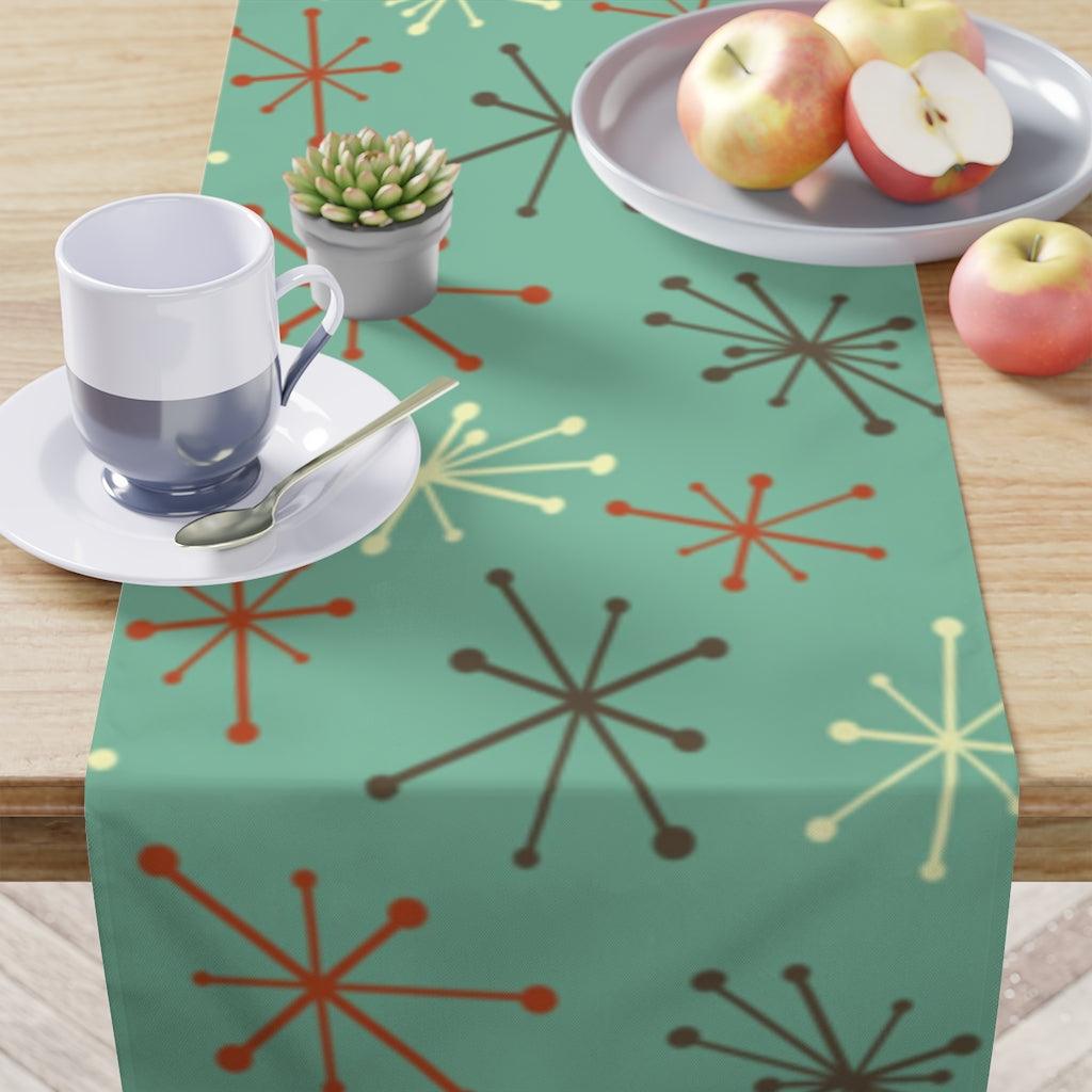 Mid Century Modern Table Runner, Atomic Starbursts Blue Retro Table Linens | lovevisionkarma.com