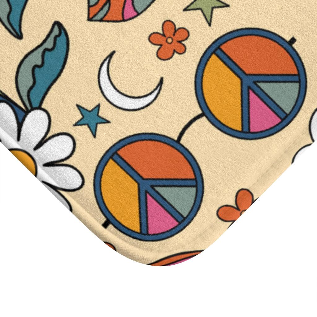 Groovy 60's, 70's Boho Rainbow and Trippy Mushrooms Multicolor Bath Mat | lovevisionkarma.com