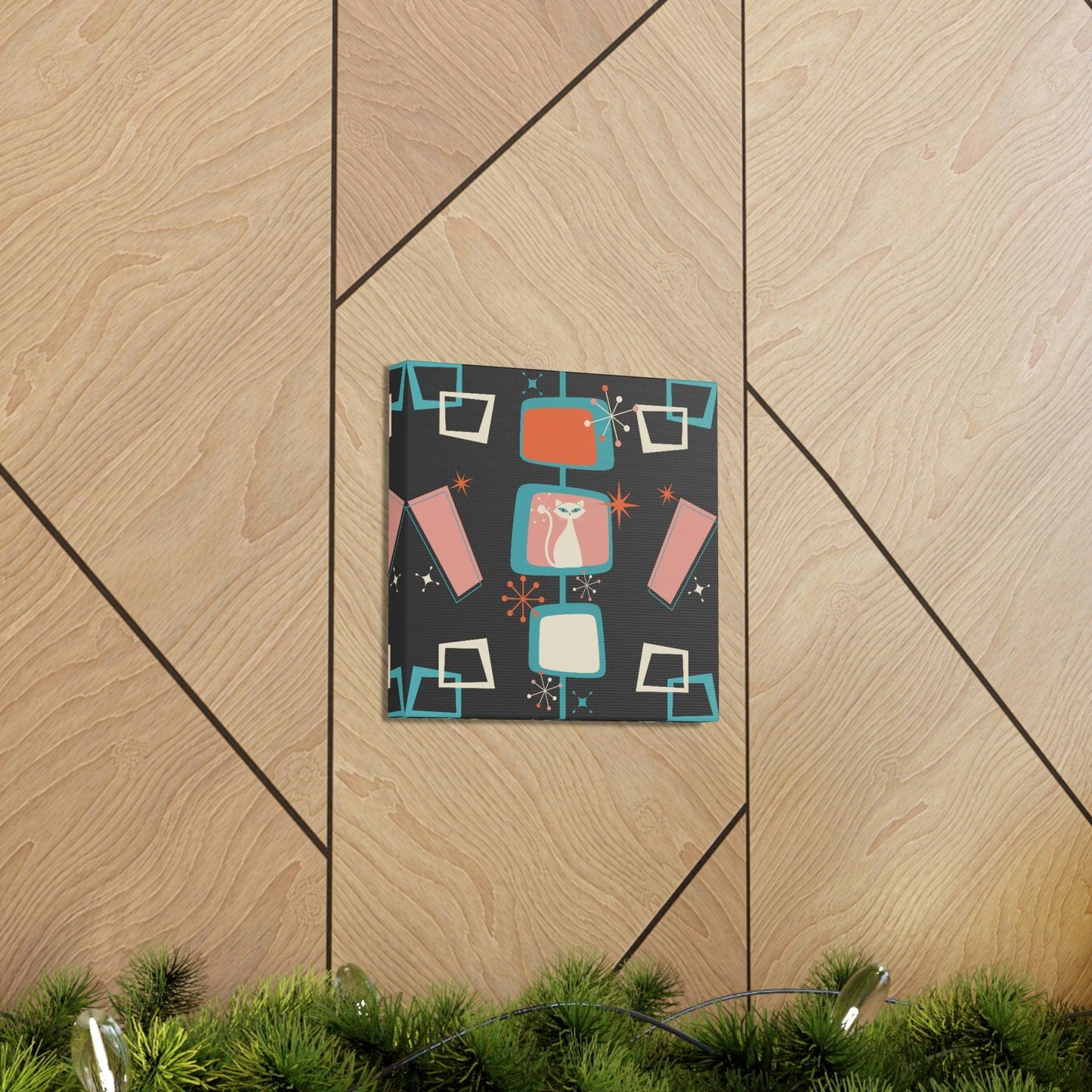 Mid Century Atomic White Cat & Starburst Multicolor Canvas Gallery Wrap | lovevisionkarma.com