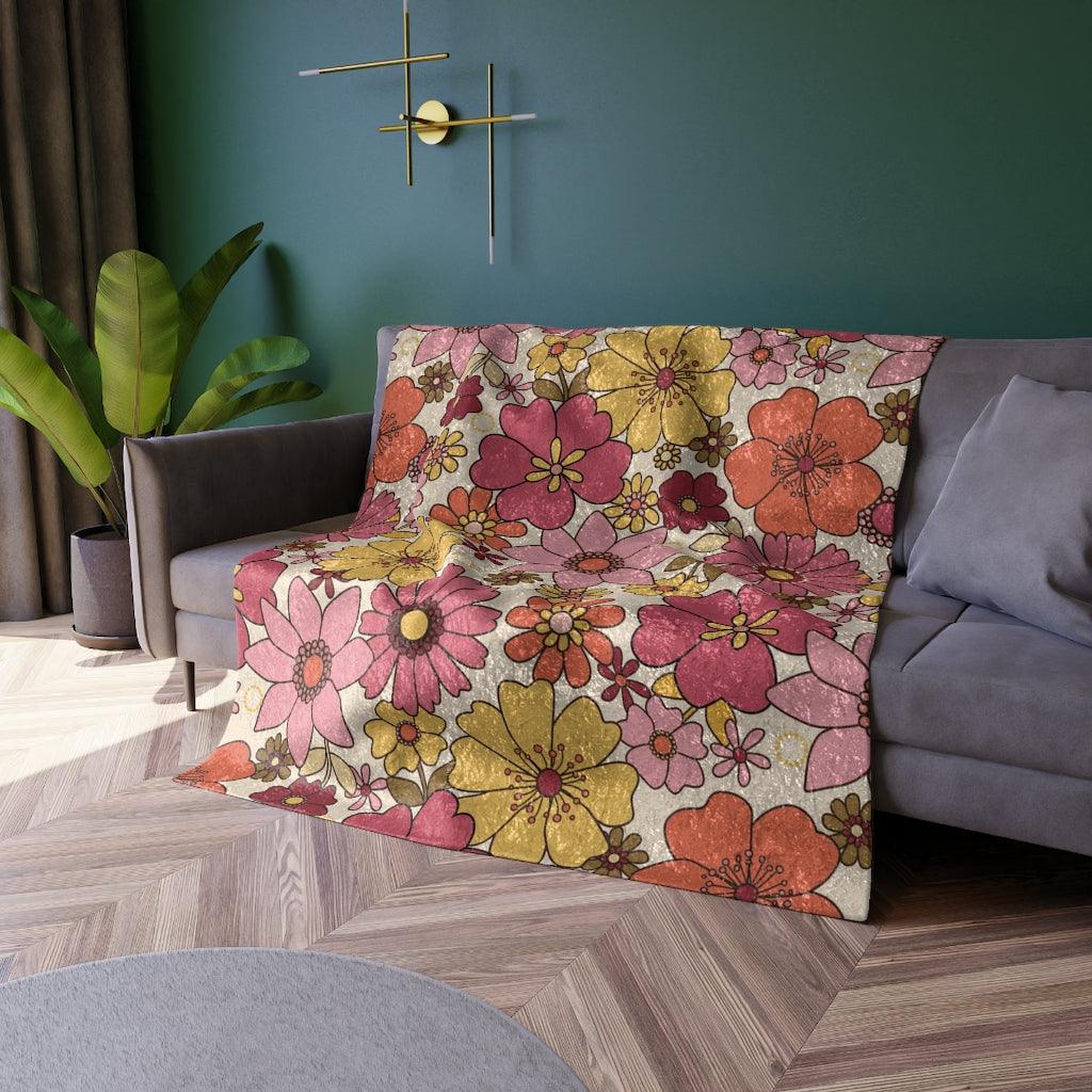 Retro Flowers 60s 70s MCM Pink, Orange & Yellow Crushed Velvet Blanket | lovevisionkarma.com