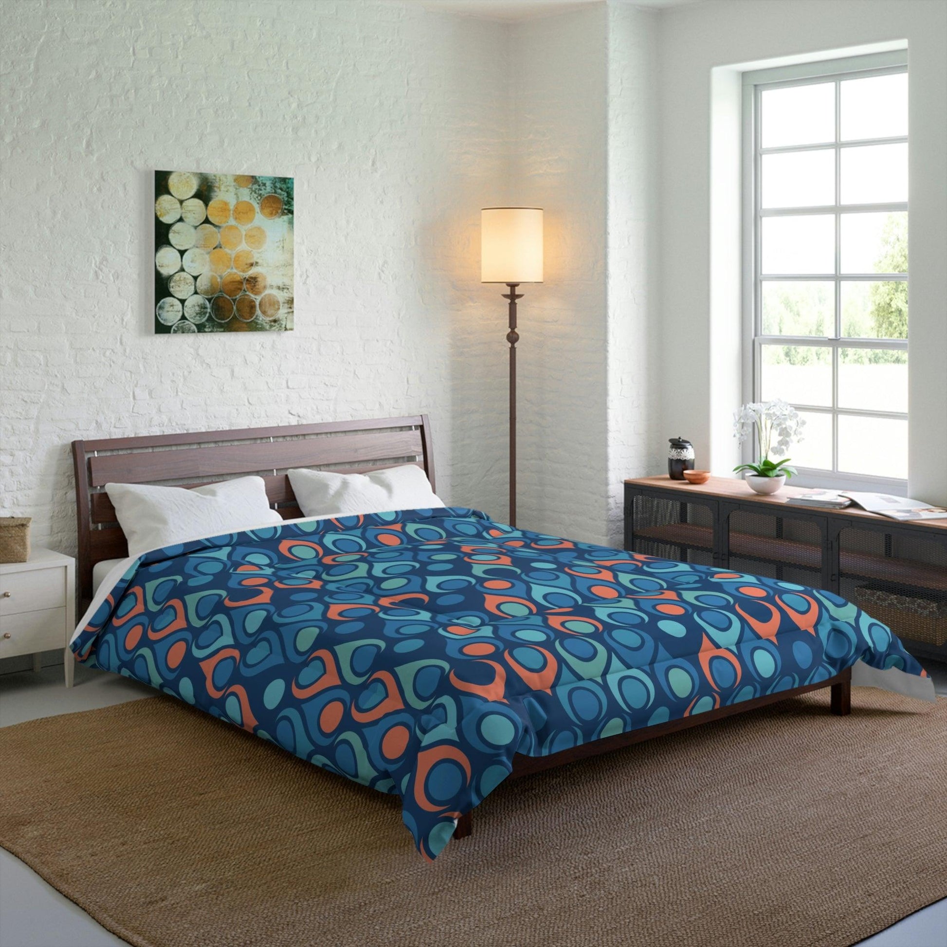 Retro Mid Century Mod Geometric Blue & Coral Orange Comforter | lovevisionkarma.com
