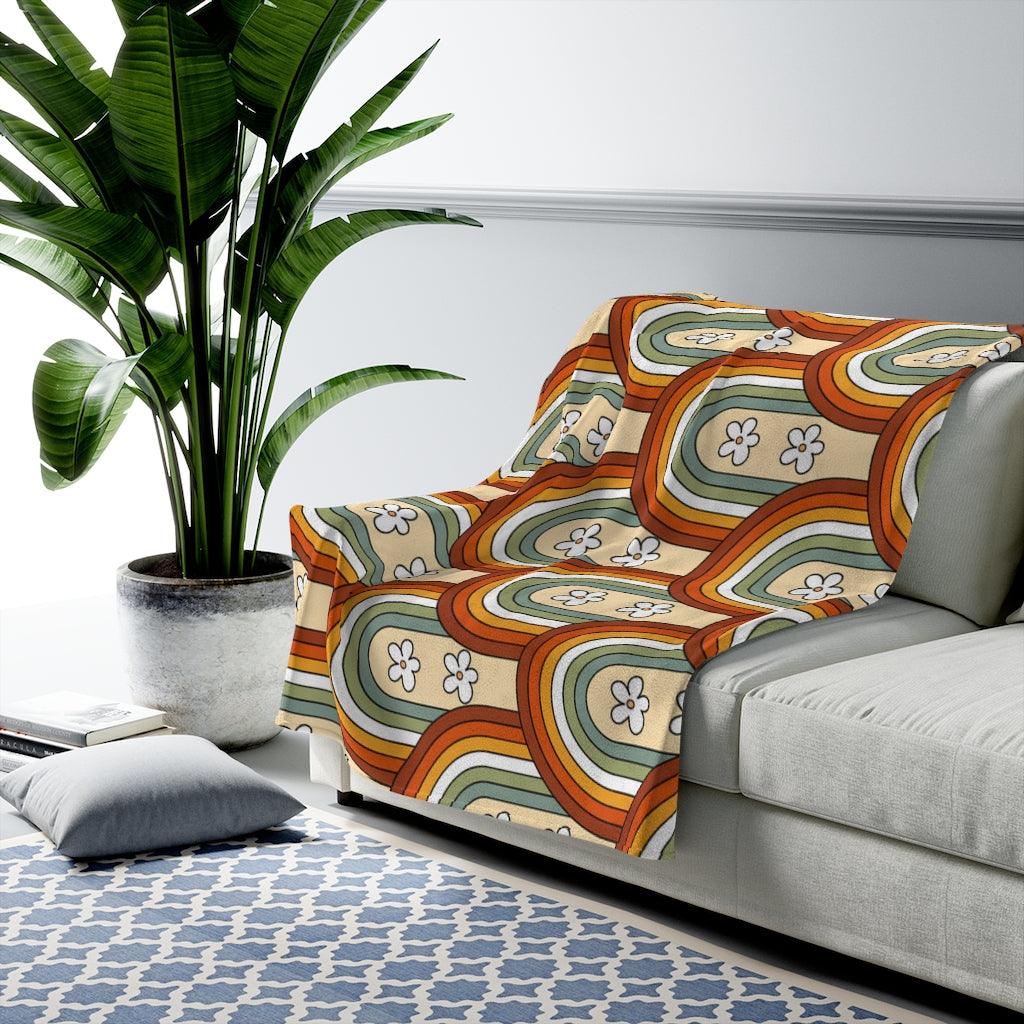 Boho Rainbows & Daisies Retro Multicolor Lightweight Velveteen Blanket | lovevisionkarma.com