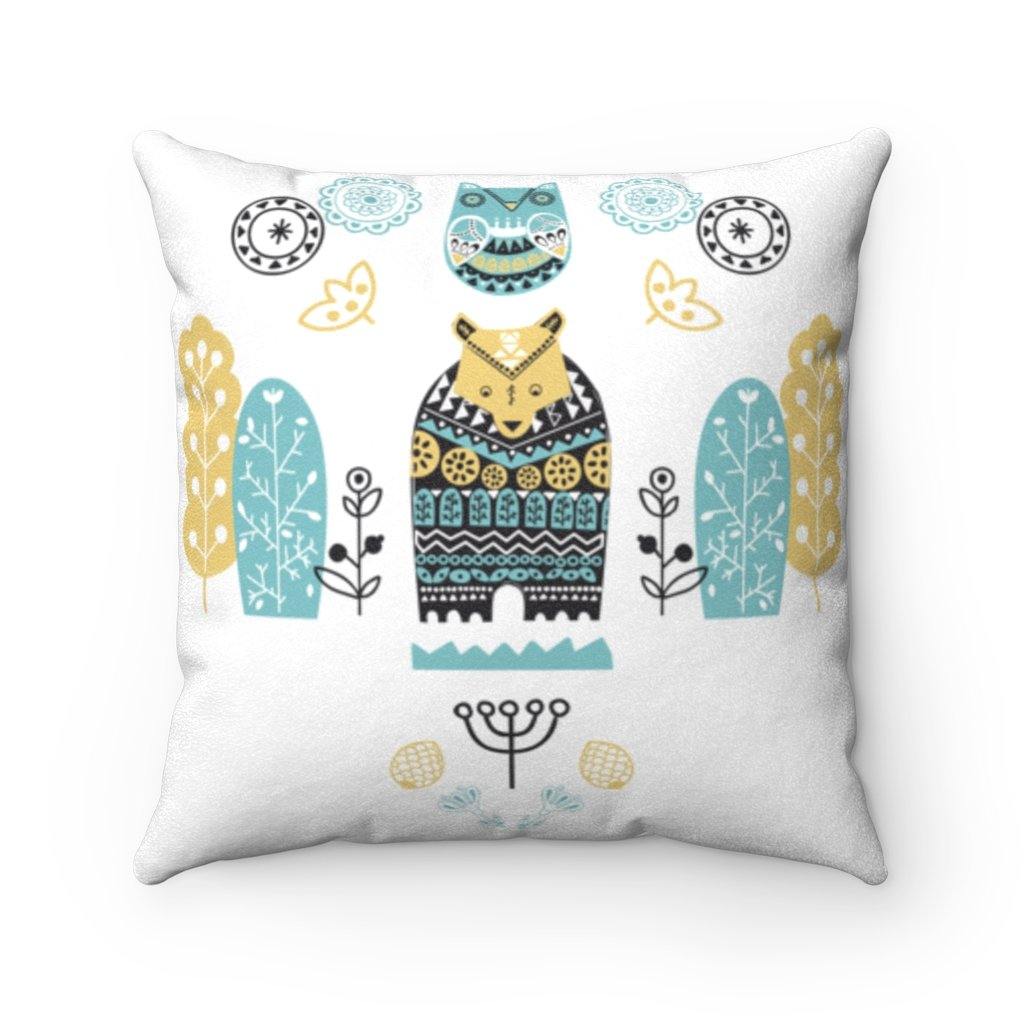 Scandinavian Nordic Folk Art Blue & Black Owl and Bear Pillow | lovevisionkarma.com