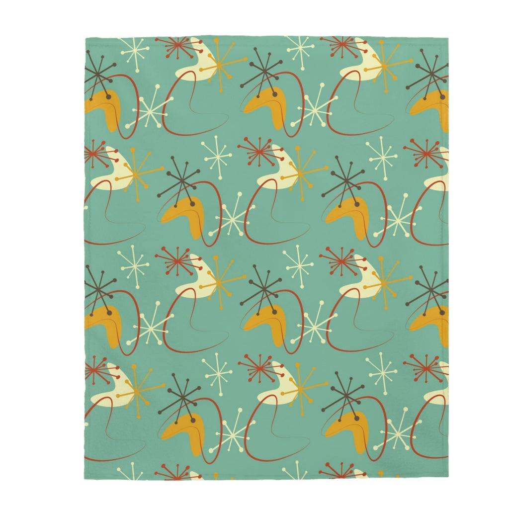 Atomic Burst and Boomerang MCM Blue and Mustard Lightweight Velveteen Blanket | lovevisionkarma.com