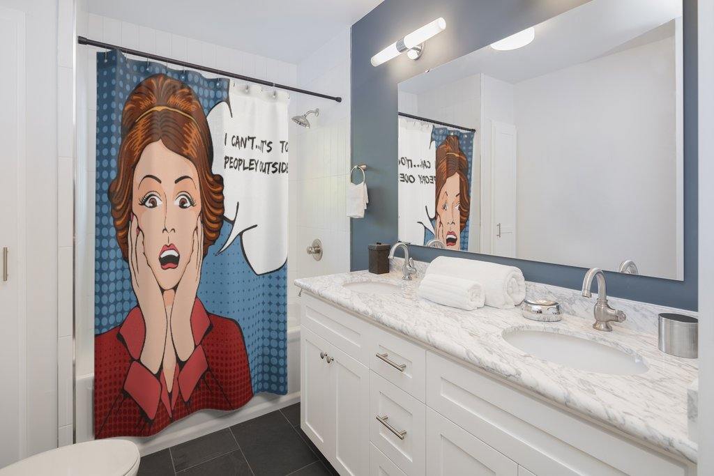 "Too Peopley" Funny Comic Pop Art Shower Curtain | lovevisionkarma.com