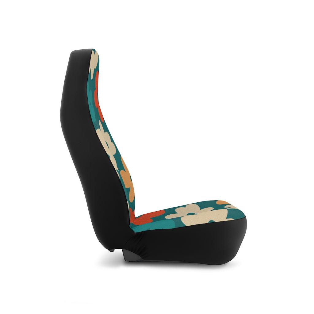 Retro Boho Flowers Teal, Orange & Yellow MCM Car Seat Covers | lovevisionkarma.com