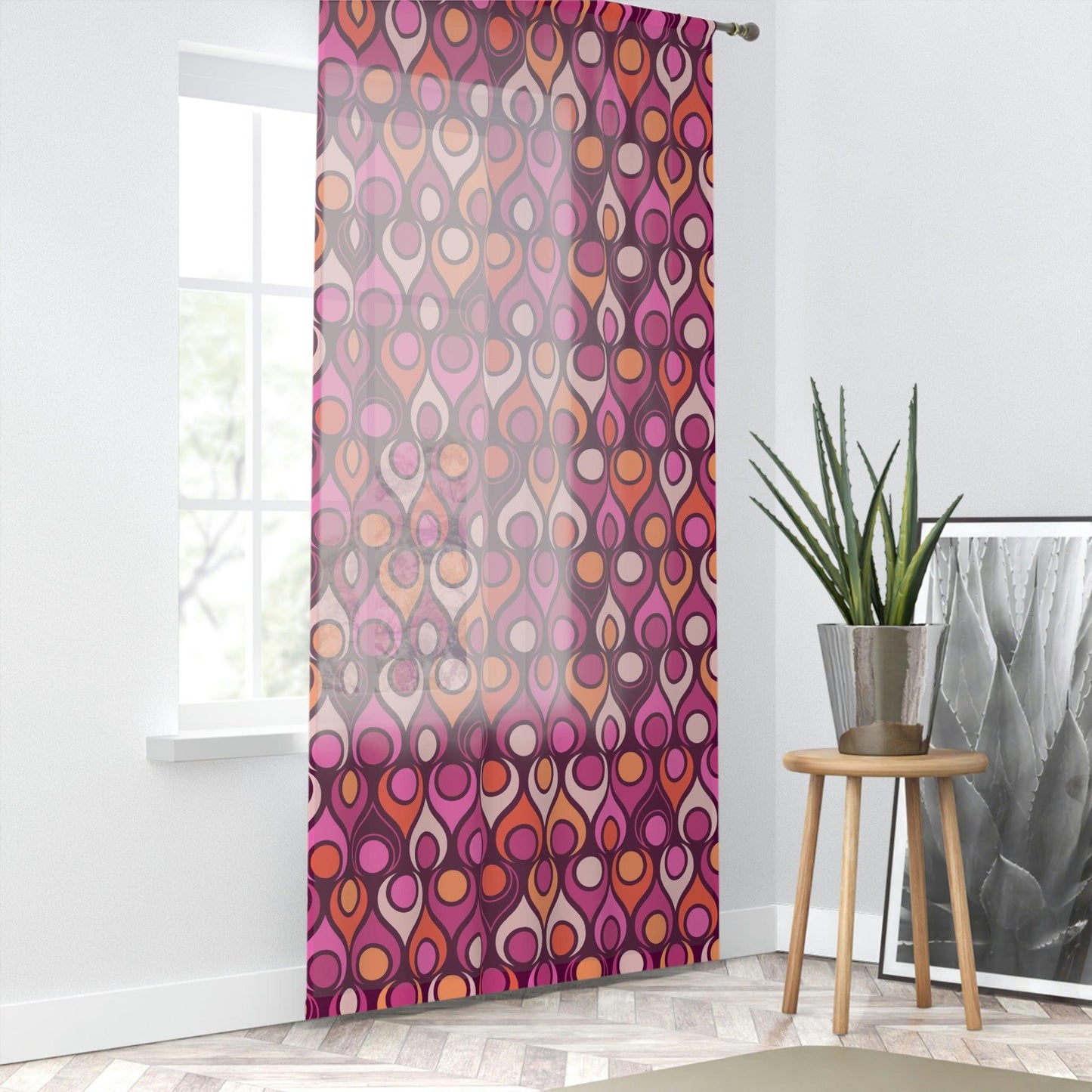Retro 60's Mid Century Mod Geometric Magenta Purple Sheer Window Curtain | lovevisionkarma.com