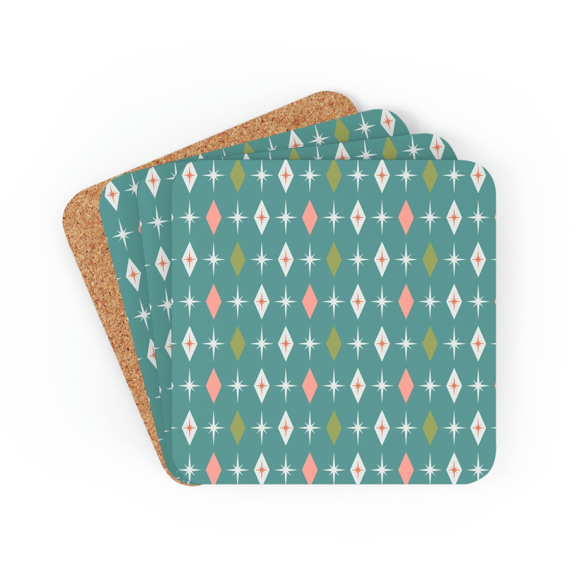Retro 50s Mid Century Bursts and Diamonds Teal & Pink Coaster Set | lovevisionkarma.com
