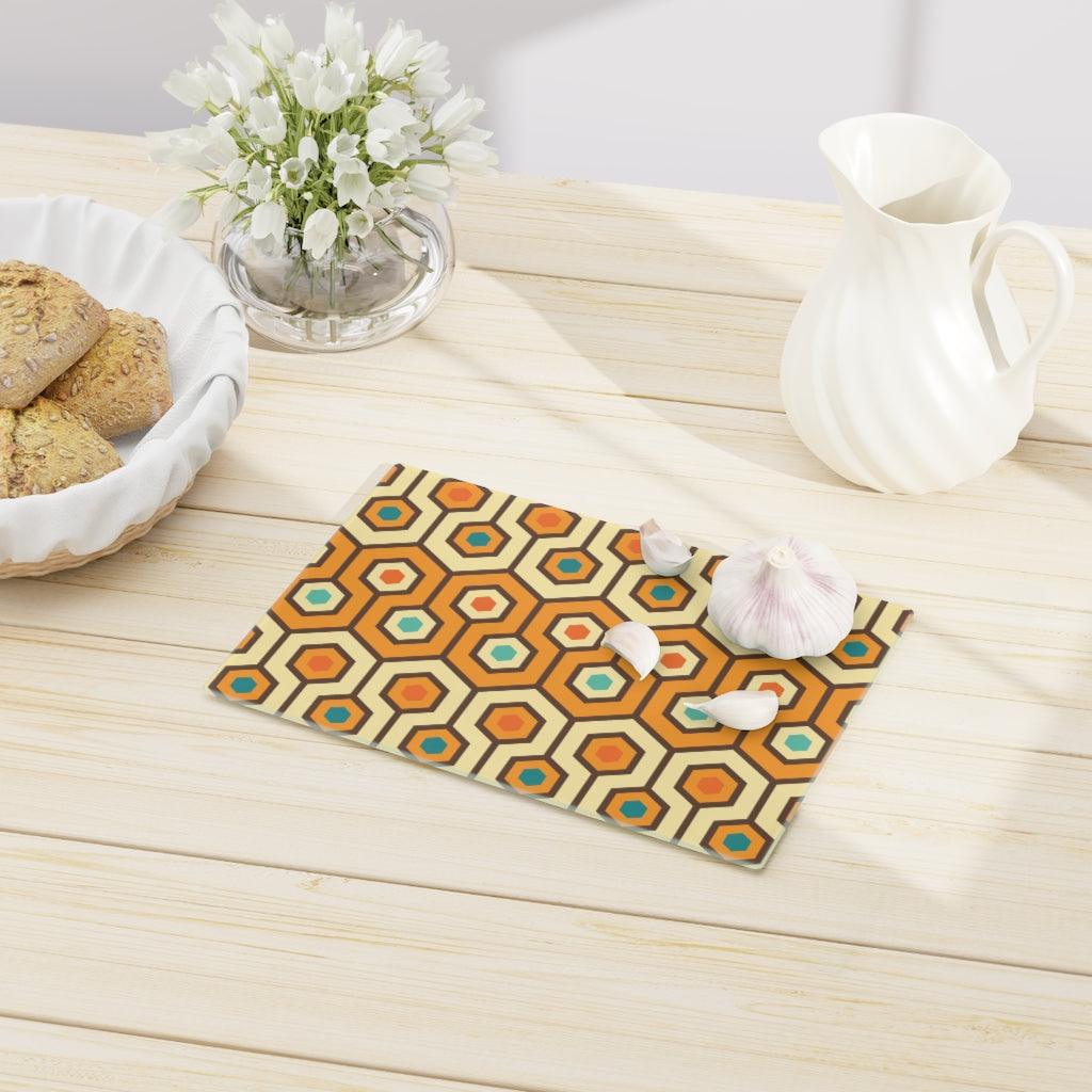 Mid Century Modern Retro Geometric Orange/Cream Glass Cutting Board | lovevisionkarma.com