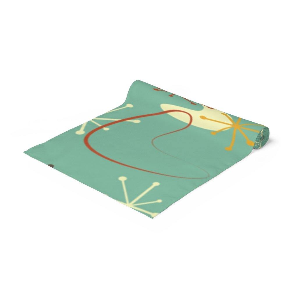 Atomic Mid Century Table Runner Boomerangs & Bursts Teal Retro Table Linens | lovevisionkarma.com