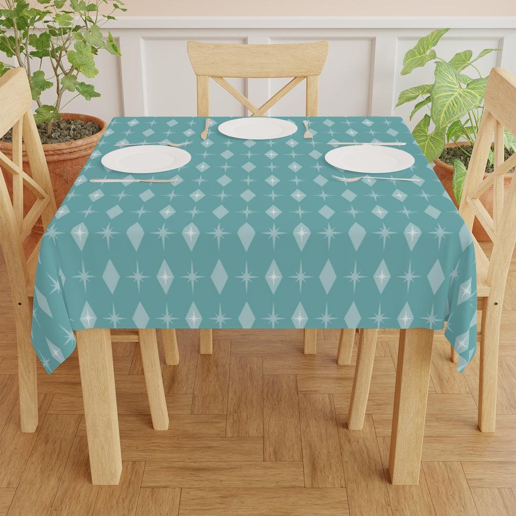 Mid Century Bursts & Diamonds Blue Square Tablecloth | lovevisionkarma.com