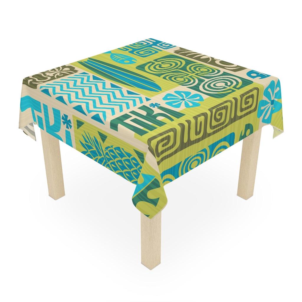 Retro Tiki Mid Century Mod Square Tablecloth in Green and Blue | lovevisionkarma.com