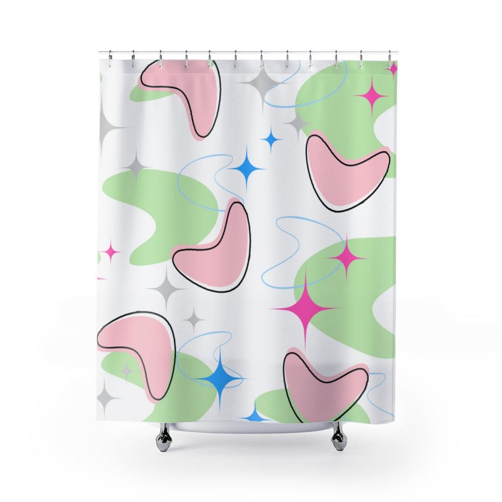 Retro Mid Century Atomic Starbursts & Boomerangs Multicolor Shower Curtain | lovevisionkarma.com
