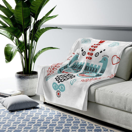 Scandinavian Nordic Folk Art Peacock Love Birds Lightweight Velveteen Blanket | lovevisionkarma.com