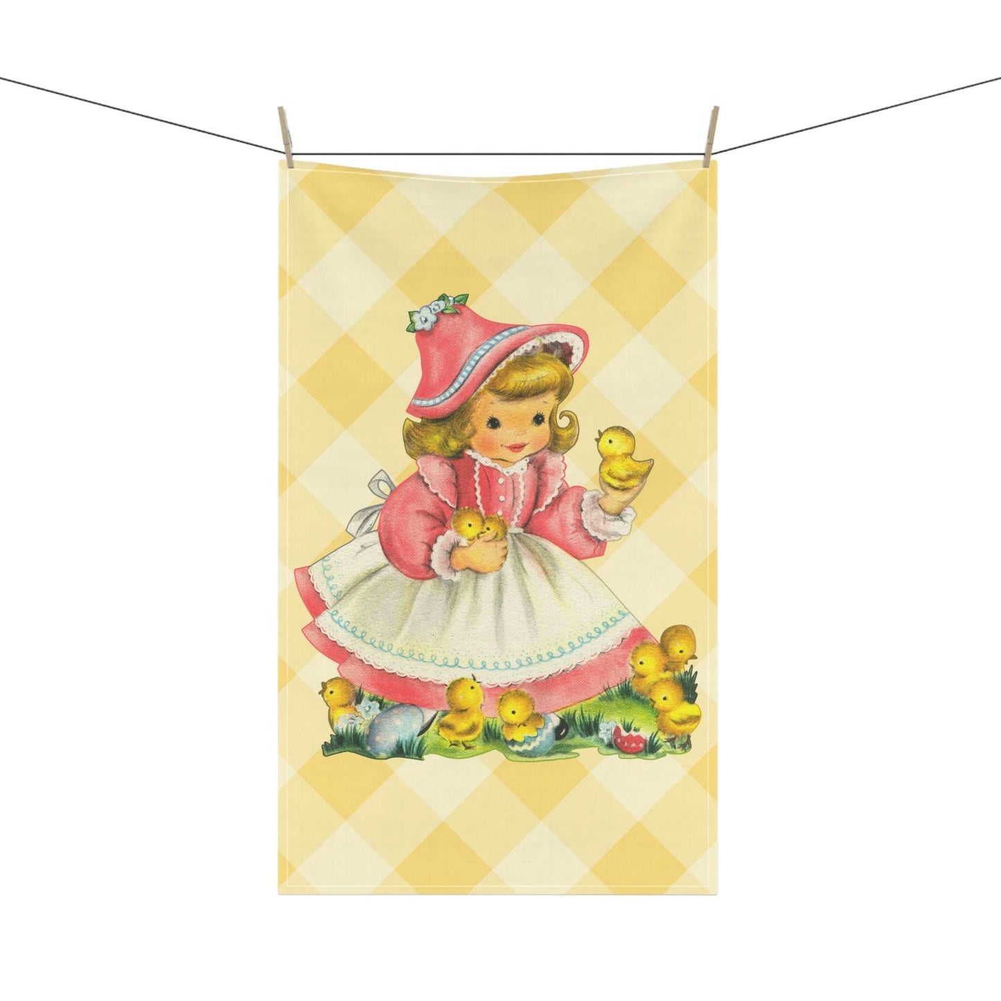 Vintage Easter Retro Girl With Baby Chicks MCM Yellow Kitchen Tea Towel | lovevisionkarma.com