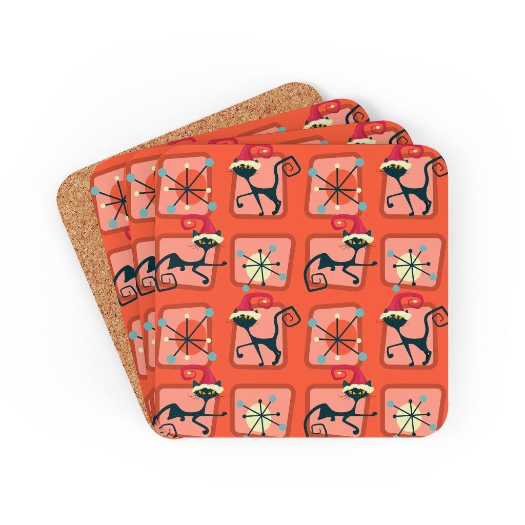 Retro Christmas MCM Atomic Cat Red Coaster Set | lovevisionkarma.com