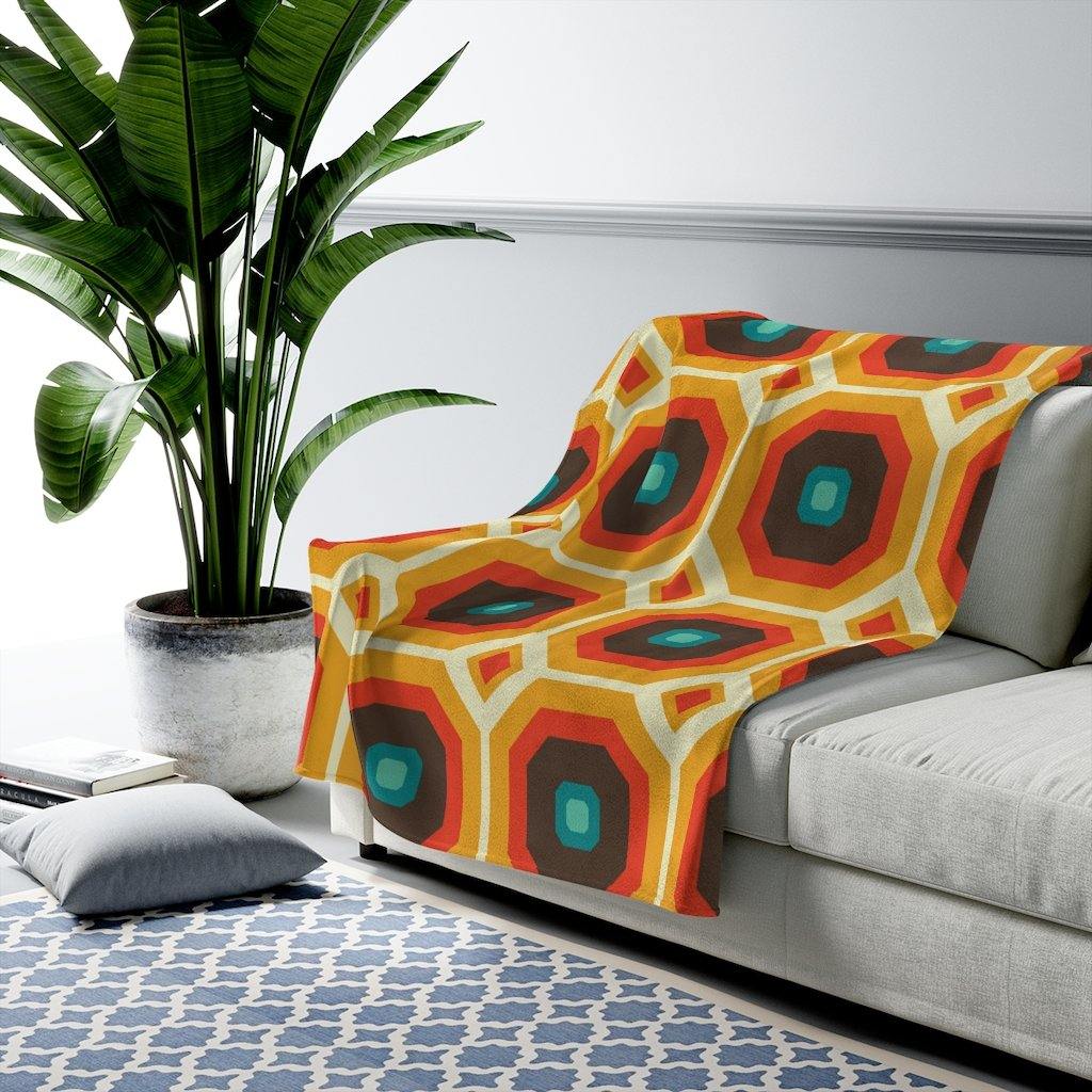Retro 60's Geometric Brown Orange Mid Century Modern Velveteen Lightweight Blanket | lovevisionkarma.com