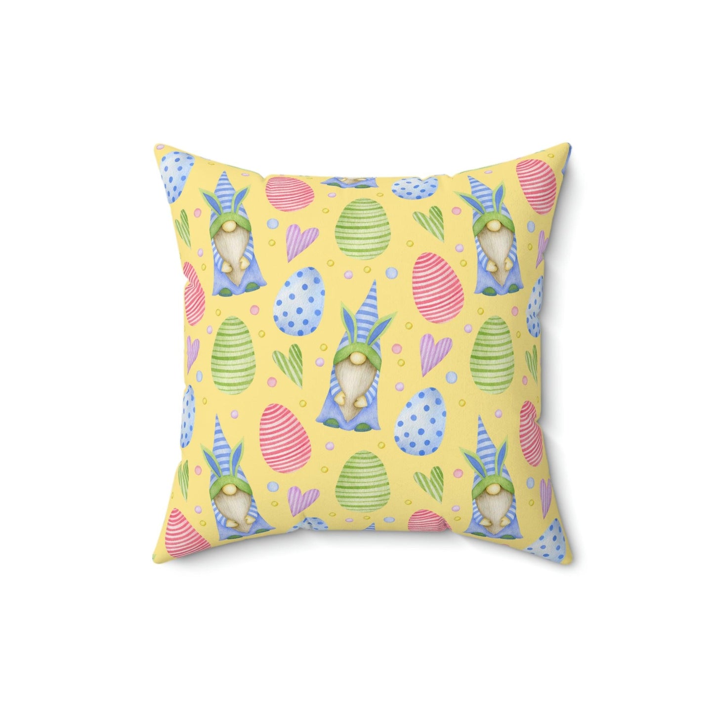 Gnomes with Bunny Ears Spring Yellow Easter Throw Pillow | lovevisionkarma.com