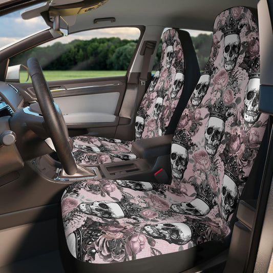 Skulls with Crowns Blush Pink Floral Goth Glam Car Seat Covers | lovevisionkarma.com