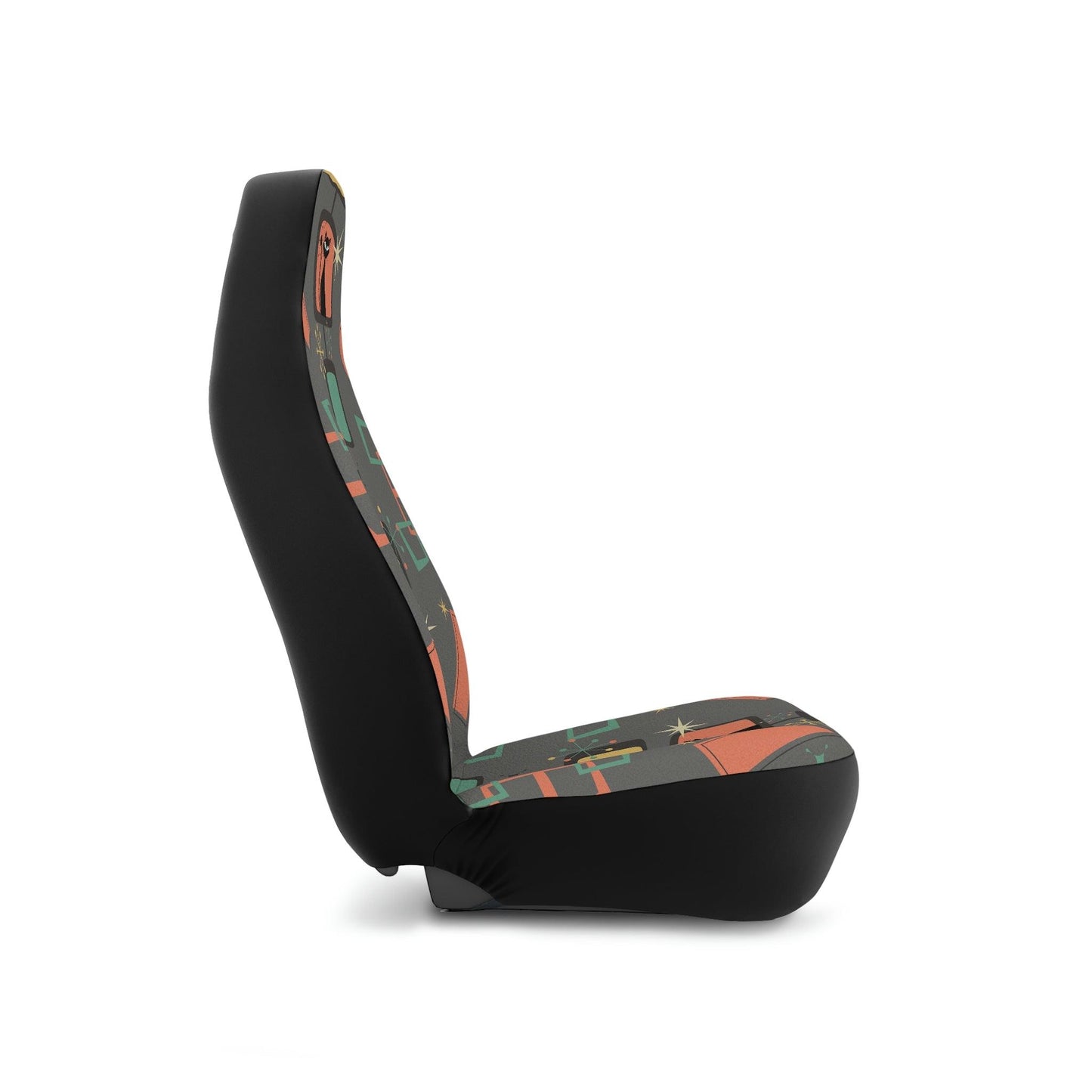 Retro 50s Atomic Cat Mid Century Gray & Coral Car Seat Covers | lovevisionkarma.com