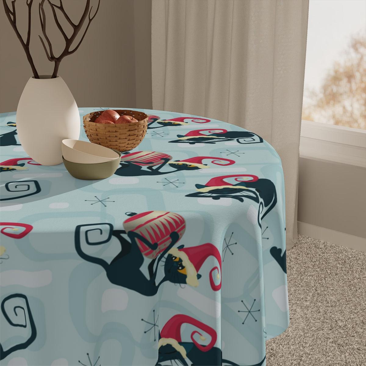 Christmas Atomic Cat MCM Blue Festive Tablecloth | lovevisionkarma.com