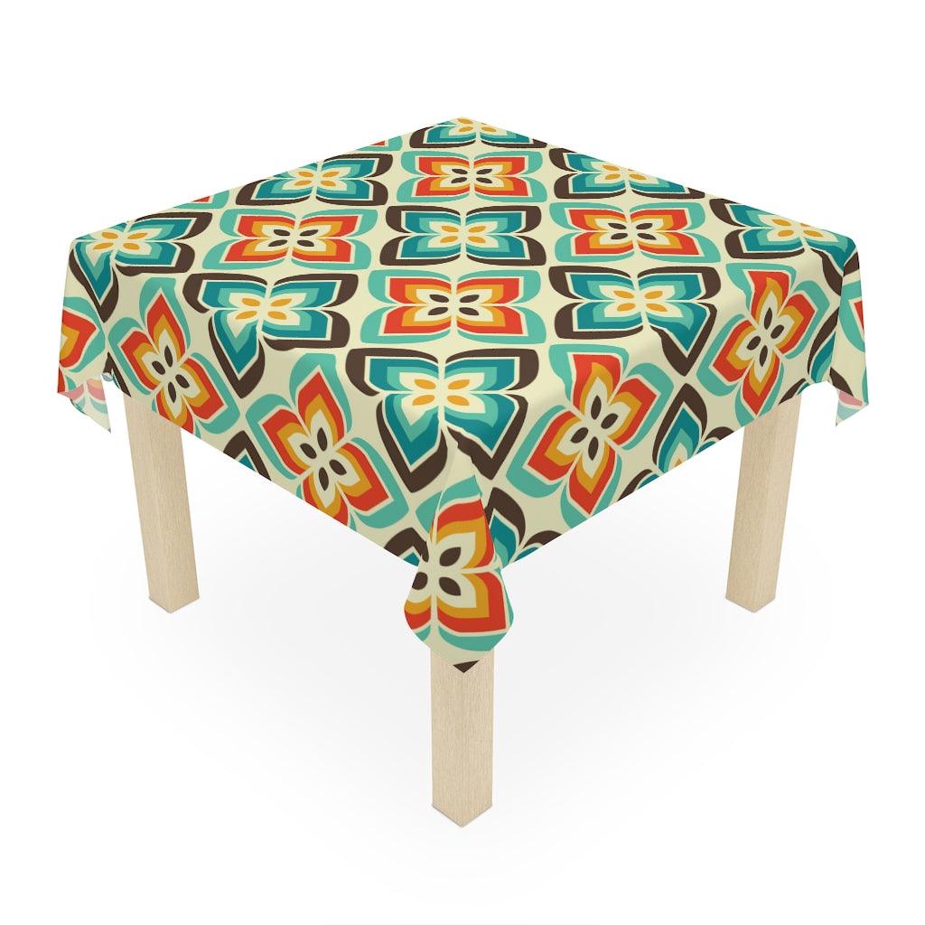 Retro Geo Flowers Blue & Orange Mid Century Mod Tablecloth | lovevisionkarma.com